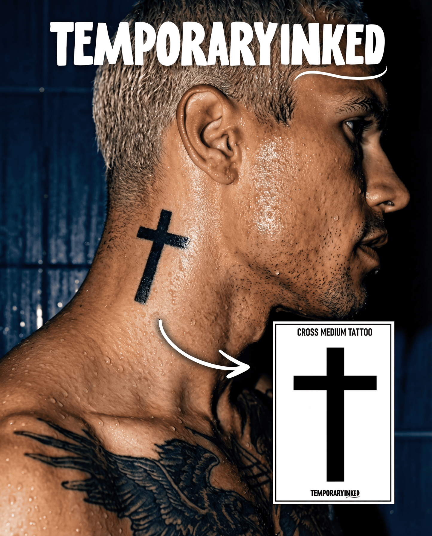 Man with a cross tattoo on his neck and shoulder, with 'TemporaryInked' branding.