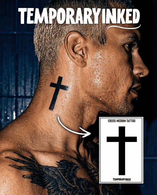 Man with a cross tattoo on his neck and shoulder, with 'TemporaryInked' branding.