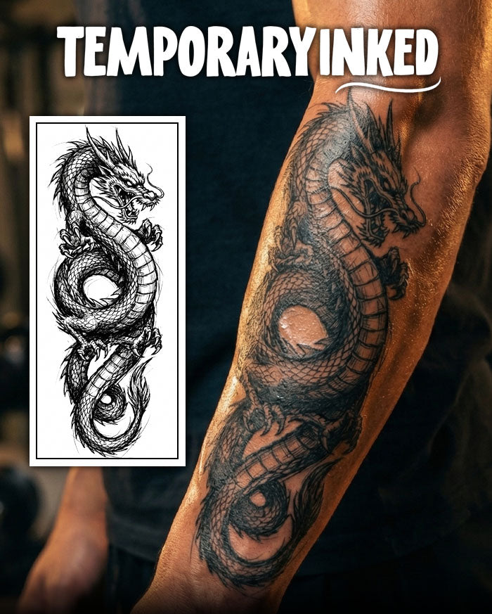 Dragon temporary tattoo design on arm with matching black and white tattoo illustration.