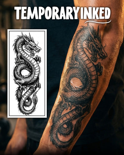 Dragon temporary tattoo design on arm with matching black and white tattoo illustration.