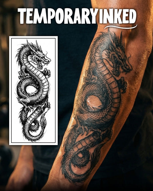 Dragon temporary tattoo design on arm with matching black and white tattoo illustration.