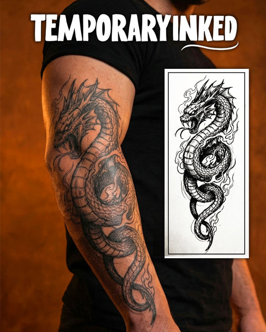 Dragon temporary tattoo on arm with matching design in frame, brand 'Temporary Inked' visible.