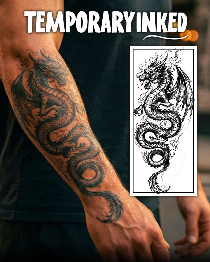 Dragon temporary tattoo on arm with matching design on a card, brand 'Temporary Inked' visible.