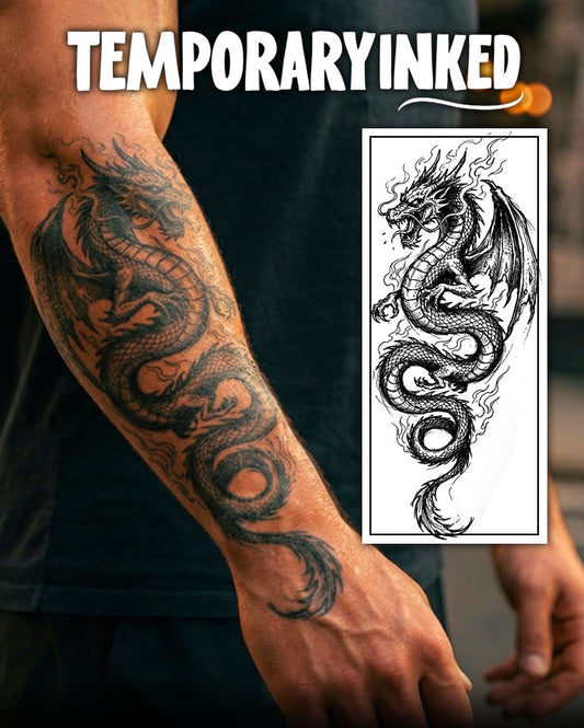Dragon temporary tattoo on arm with matching design on a card, brand 'Temporary Inked' visible.