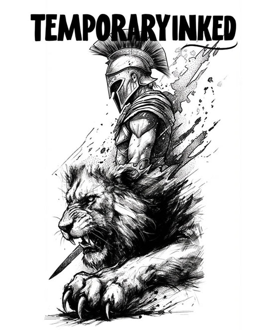 Black and white illustration of a warrior on a lion with 'Temporary Inked' text above.